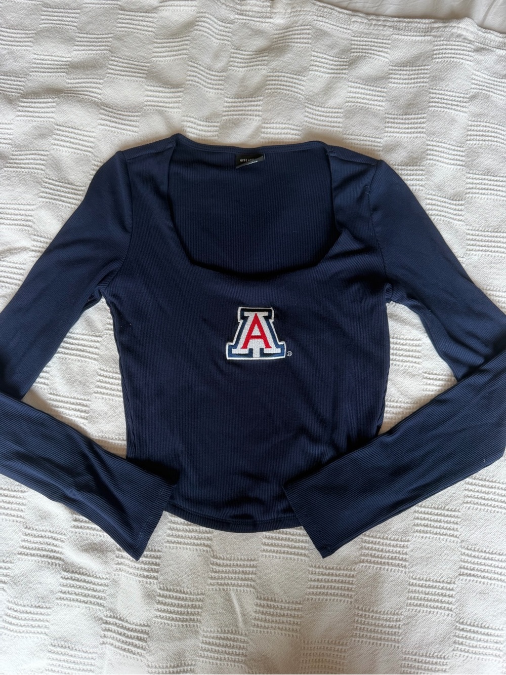 Navy Long-Sleeve Square Neck Top with Center Logo